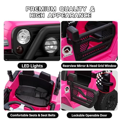 Garvee Ride - P Series: 12V Kids Ride On Truck Car w/Parent Remote Control, Spring Suspension, Led Lights,3 Speed Adjustable, Kids Gift for Boys and Girls - Rose