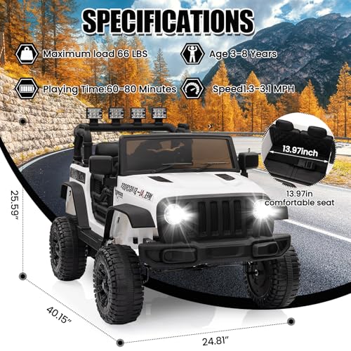 Garvee Ride - P Series: 12V Kids Electric Vehicles with Remote Control, 2 Speeds, Spring Suspension, LED Headlight, Bluetooth, Music, Battery Powered Car for Kids - White