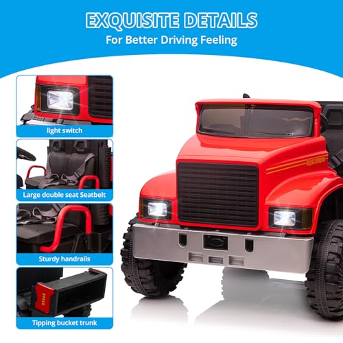 Garvee Ride - P Series: 24V Ride On Truck with Remote Control Electric UTV Vehicles with Dump Bed, 4WD Power 4x200W Motors,4xSpring Suspension, 3 Speeds, 2 Seater Kids Ride On Toys Best Gifts for Kids - Red
