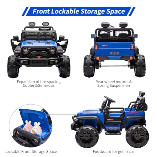 Garvee Ride - P Series: 2 Seaters Kids Ride On Truck with Remote Control,20“ Large Seat Ride On Car for Toddlers, 24V 9AH Electric Vehicle Car with Led Light,Large Storage Space, Bottle Holder,Music, Horn for 3-8 Years,Blue