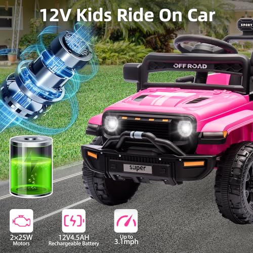 Garvee Ride - P Series: 12V Ride On Toy w/Parent Remote Control, Steering Wheel Music, 4-Wheel Spring Suspension, Led Lights, 2 Speeds, Kids Electric Vehicles for Age 3-5, Pink