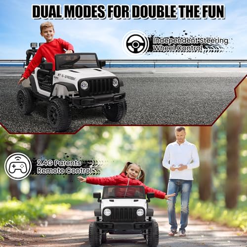 Garvee Ride - P Series: 12V Kids Electric Vehicles with Remote Control, 2 Speeds, Spring Suspension, LED Headlight, Bluetooth, Music, Battery Powered Car for Kids - White