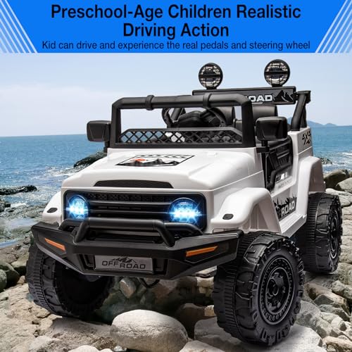 Garvee Ride - P Series: 12V Power Wheel Electric Car for Kids, Ride on Toys with Led Lights Bluetooth, 3 Speeds, Spring Suspension - White