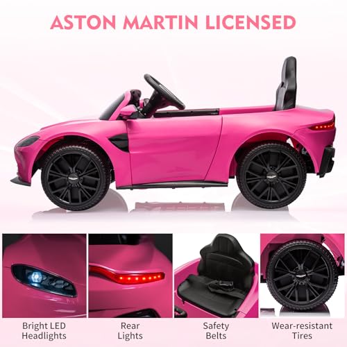 Garvee Ride - P Series: 12V Ride on Sports Car for Kids Licensed Aston Martin Battery Powered Car Toddles Ride on Toy with Remote Control, Horn, Soft Start, LED Lights, Music, USB, Electric Vehicle for Boys Girls (Pink)