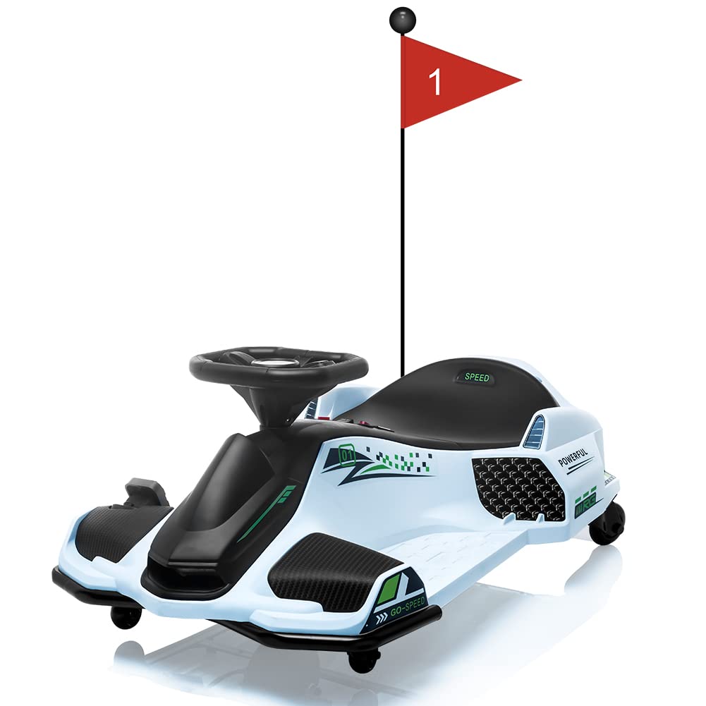 Garvee Ride - P Series: 12V Kids Ride on Drift Car for Kids, 7ah 45W Motor Electric Drifting Go-Kart Up to 5 mph Variable Speed, Built-in Music,Colorful Tail LED Light,USB,Low-Power Alarm,Max Load 110lbs, Blue - White