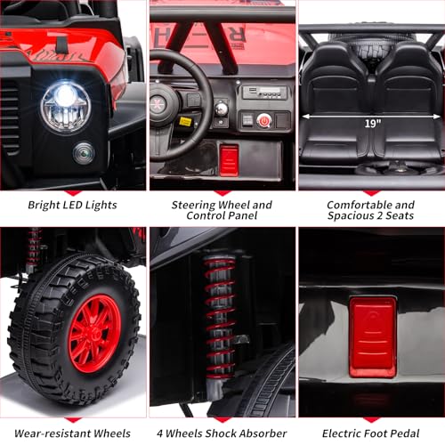 Garvee Ride - P Series: 2-Seater Ride On Truck for Kid, 24V Battery Powered Kids Car with Remote Control, 19" Extra Wide Seat, 2 Motors, Led Light, Enhanced Suspension - Red