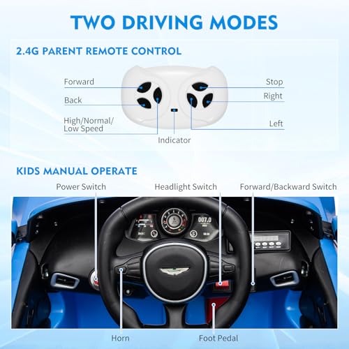 Garvee Ride - P Series: 12V Ride on Sports Car for Kids Licensed Aston Martin Battery Powered Car Toddles Ride on Toy with Remote Control, Horn, Soft Start, LED Lights, Music, USB, Electric Vehicle for Boys Girls (Blue)