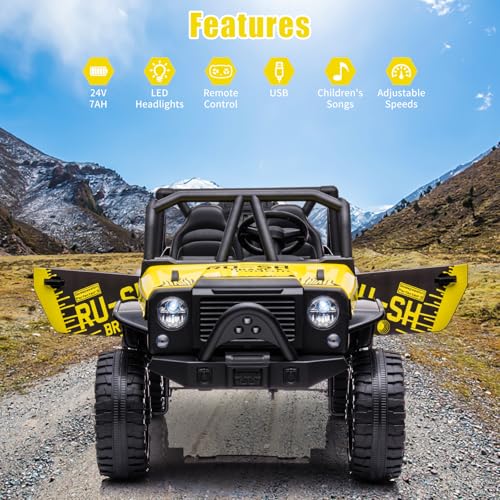 Garvee Ride - P Series: 2-Seater Ride On Truck for Kid, 24V Battery Powered Kids Car with Remote Control, 19" Extra Wide Seat, 2 Motors, Led Light, Enhanced Suspension - Yellow