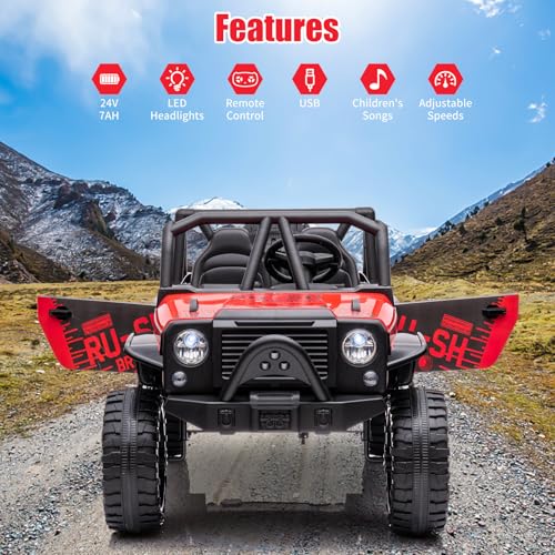 Garvee Ride - P Series: 2-Seater Ride On Truck for Kid, 24V Battery Powered Kids Car with Remote Control, 19" Extra Wide Seat, 2 Motors, Led Light, Enhanced Suspension - Red