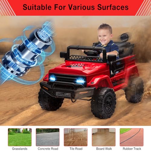 Garvee Ride - P Series: 12V Power Wheel Electric Car for Kids, Ride on Toys with Led Lights Bluetooth, 3 Speeds, Spring Suspension - Red