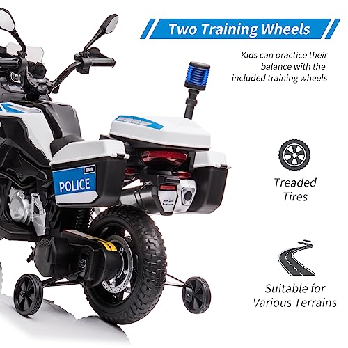 Garvee Ride P Series 12V BMW Police Motorcycle for Kids: 2 Speeds, LED Headlights, Spring Suspension, MP3, Music, Training Wheels, for Boys and Girls - White