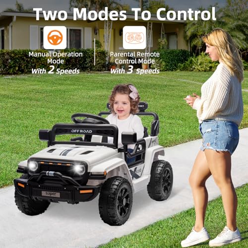 Garvee Ride - P Series: 12V Ride On Toy w/Parent Remote Control, Steering Wheel Music, 4-Wheel Spring Suspension, Led Lights, 2 Speeds, Kids Electric Vehicles for Age 3-5, White