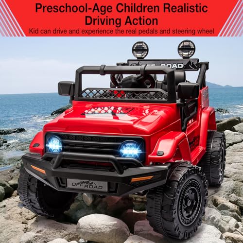 Garvee Ride - P Series: 12V Power Wheel Electric Car for Kids, Ride on Toys with Led Lights Bluetooth, 3 Speeds, Spring Suspension - Red