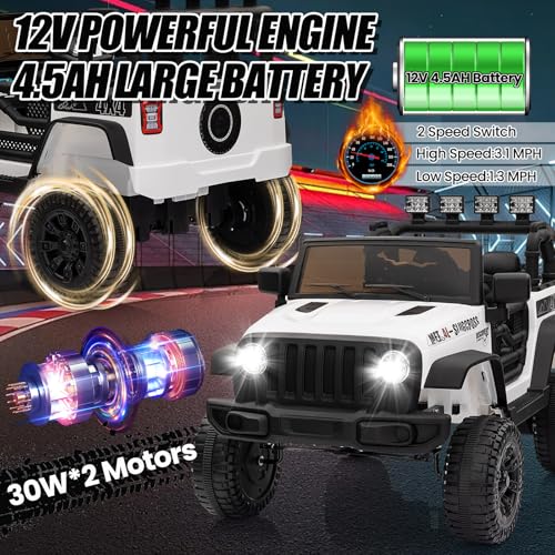 Garvee Ride - P Series: 12V Kids Electric Vehicles with Remote Control, 2 Speeds, Spring Suspension, LED Headlight, Bluetooth, Music, Battery Powered Car for Kids - White