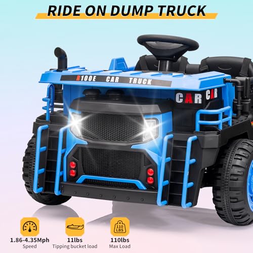 Garvee Ride - P Series: 24V Ride On Dump Truck,2 Seater Ride On Construction Vehicle with Remote Control, Electric Dump Bed and Extra Shovel,2WD/4WD Ride On Car Toy for Kids with Music Player,Up to 4.35Mph,Blue