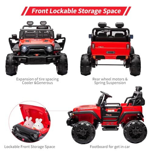 Garvee Ride - P Series: 2 Seaters Kids Ride On Truck with Remote Control,20“ Large Seat Ride On Car for Toddlers, 24V 9AH Electric Vehicle Car with Led Light,Large Storage Space, Bottle Holder,Music, Horn for 3-8 Years,Red