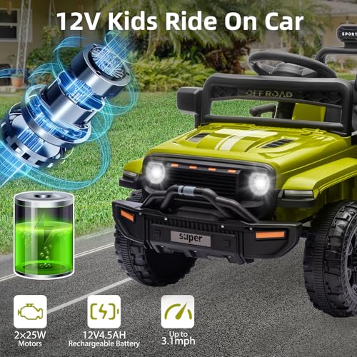 Garvee Ride - P Series: 12V Ride On Toy w/Parent Remote Control, Steering Wheel Music, 4-Wheel Spring Suspension, Led Lights, 2 Speeds, Kids Electric Vehicles for Age 3-5, Green