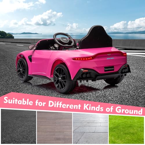 Garvee Ride - P Series: 12V Ride on Sports Car for Kids Licensed Aston Martin Battery Powered Car Toddles Ride on Toy with Remote Control, Horn, Soft Start, LED Lights, Music, USB, Electric Vehicle for Boys Girls (Pink)