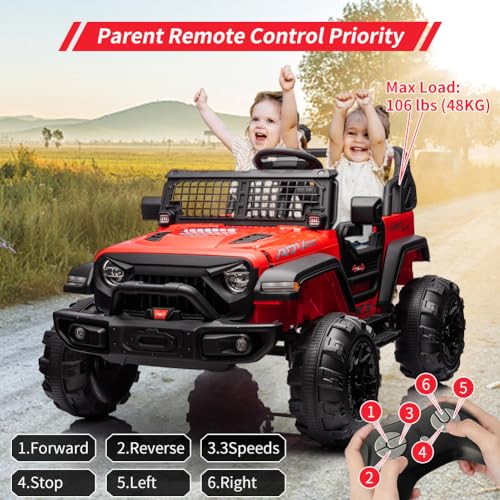 Garvee Ride - P Series: 2 Seaters Kids Ride On Truck with Remote Control,20“ Large Seat Ride On Car for Toddlers, 24V 9AH Electric Vehicle Car with Led Light,Large Storage Space, Bottle Holder,Music, Horn for 3-8 Years,Red