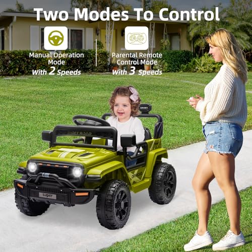 Garvee Ride - P Series: 12V Ride On Toy w/Parent Remote Control, Steering Wheel Music, 4-Wheel Spring Suspension, Led Lights, 2 Speeds, Kids Electric Vehicles for Age 3-5, Green