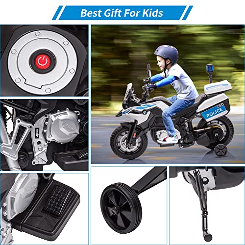 Garvee Ride P Series 12V BMW Police Motorcycle for Kids: 2 Speeds, LED Headlights, Spring Suspension, MP3, Music, Training Wheels, for Boys and Girls - White