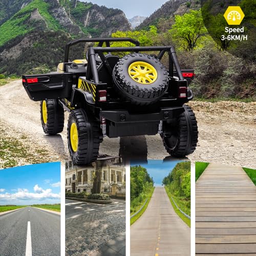Garvee Ride - P Series: 2-Seater Ride On Truck for Kid, 24V Battery Powered Kids Car with Remote Control, 19" Extra Wide Seat, 2 Motors, Led Light, Enhanced Suspension - Yellow