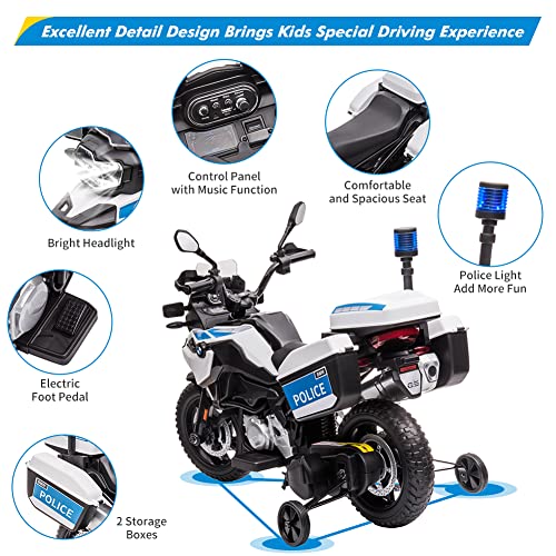 Garvee Ride P Series 12V BMW Police Motorcycle for Kids: 2 Speeds, LED Headlights, Spring Suspension, MP3, Music, Training Wheels, for Boys and Girls - White
