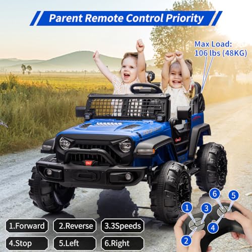 Garvee Ride - P Series: 2 Seaters Kids Ride On Truck with Remote Control,20“ Large Seat Ride On Car for Toddlers, 24V 9AH Electric Vehicle Car with Led Light,Large Storage Space, Bottle Holder,Music, Horn for 3-8 Years,Blue
