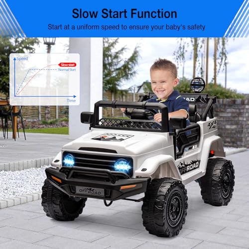 Garvee Ride - P Series: 12V Power Wheel Electric Car for Kids, Ride on Toys with Led Lights Bluetooth, 3 Speeds, Spring Suspension - White