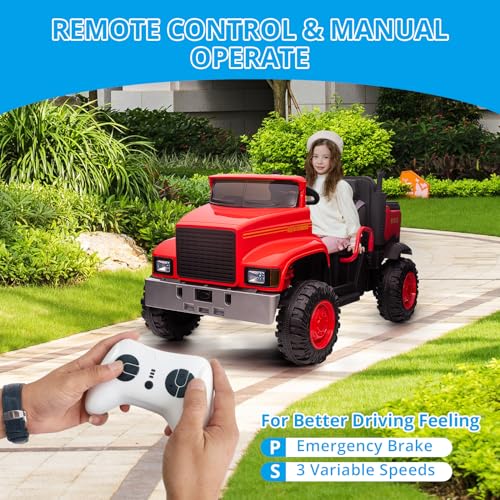 Garvee Ride - P Series: 24V Ride On Truck with Remote Control Electric UTV Vehicles with Dump Bed, 4WD Power 4x200W Motors,4xSpring Suspension, 3 Speeds, 2 Seater Kids Ride On Toys Best Gifts for Kids - Red