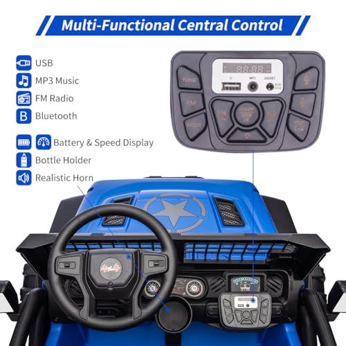 Garvee Ride - P Series: 2 Seaters Kids Ride On Truck with Remote Control,20“ Large Seat Ride On Car for Toddlers, 24V 9AH Electric Vehicle Car with Led Light,Large Storage Space, Bottle Holder,Music, Horn for 3-8 Years,Blue