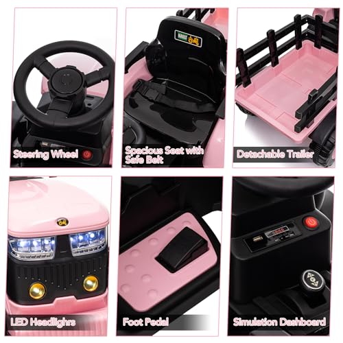 Garvee Ride - P Series: 12V Remote Control Tractor for Kids with 7-LED & Safety Belt - Pink