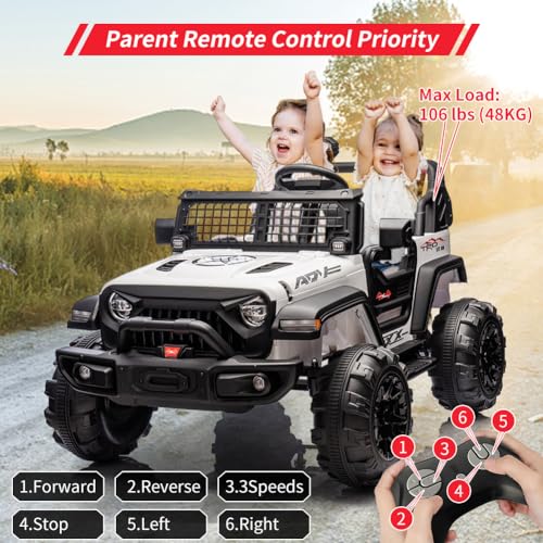 Garvee Ride - P Series: 2 Seaters Kids Ride On Truck With Remote Control,20“ Large Seat Ride On Car for Toddlers, 24V 9AH Electric Vehicle Car With Led Light,Large Storage Space, Bottle Holder,Music, Horn for 3-8 Years,White
