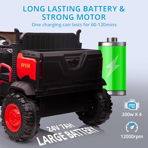 Garvee Ride - P Series: 24V Ride On Truck with Remote Control Electric UTV Vehicles with Dump Bed, 4WD Power 4x200W Motors,4xSpring Suspension, 3 Speeds, 2 Seater Kids Ride On Toys Best Gifts for Kids - Red