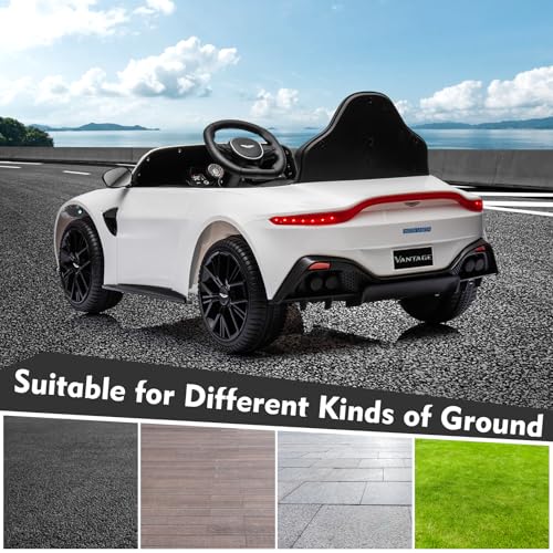 Garvee Ride - P Series: 12V Ride on Sports Car for Kids Licensed Aston Martin Battery Powered Car Toddles Ride on Toy with Remote Control, Horn, Soft Start, LED Lights, Music, USB, Electric Vehicle for Boys Girls (White)