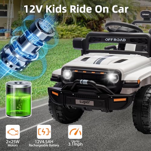 Garvee Ride - P Series: 12V Ride On Toy w/Parent Remote Control, Steering Wheel Music, 4-Wheel Spring Suspension, Led Lights, 2 Speeds, Kids Electric Vehicles for Age 3-5, White