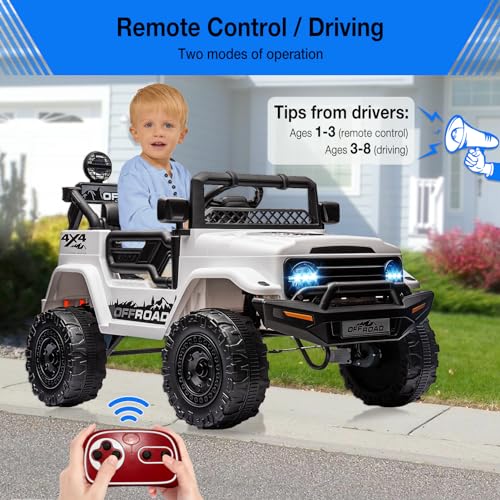 Garvee Ride - P Series: 12V Power Wheel Electric Car for Kids, Ride on Toys with Led Lights Bluetooth, 3 Speeds, Spring Suspension - White