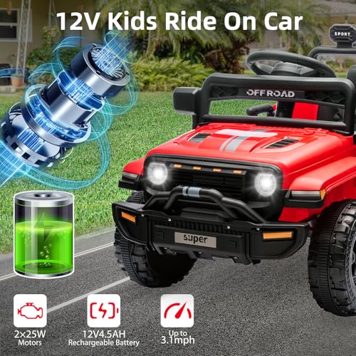 Garvee Ride - P Series: 12V Ride On Toy w/Parent Remote Control, Steering Wheel Music, 4-Wheel Spring Suspension, Led Lights, 2 Speeds, Kids Electric Vehicles for Age 3-5, Red