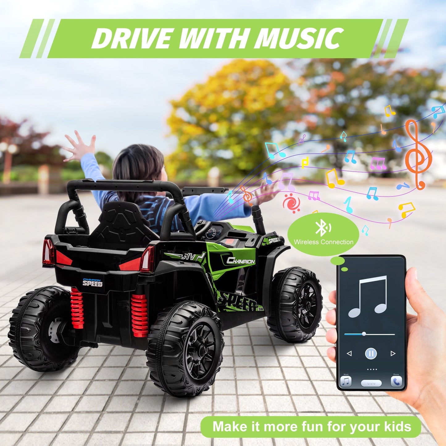 Garvee Ride - P Series: 12V Toy Electric Truck Utv with Large Wide Seat and Remote Control, Led Lights, Wireless Connection, Music, 2 Spring Suspension for 3-8 Boys & Girls