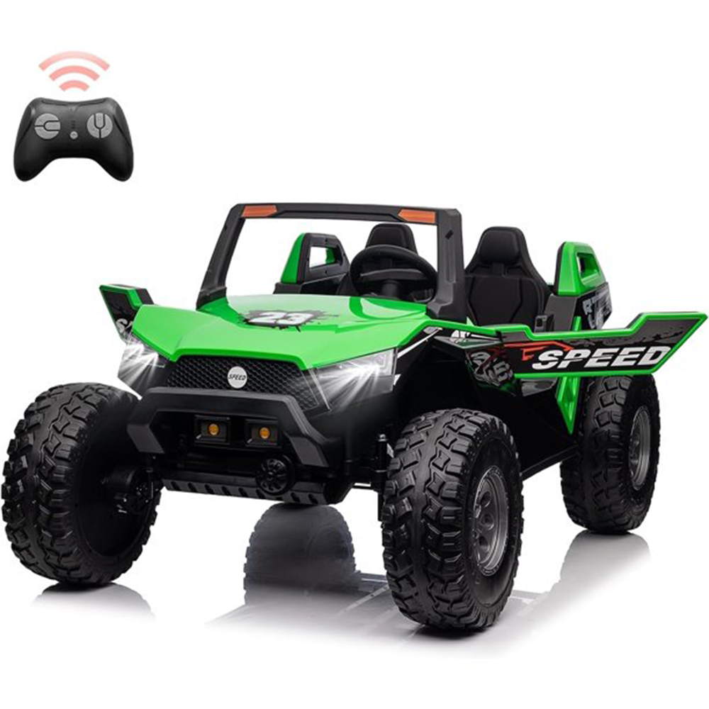 Garvee Ride - P Series: 24V 2-Seater Ride-On UTV: Remote Control, 4WD Motors, 21" Seats + Foldable Seat, 15.4" EVA Wheels, Music, LED Lights, 140lb Max Load - Green