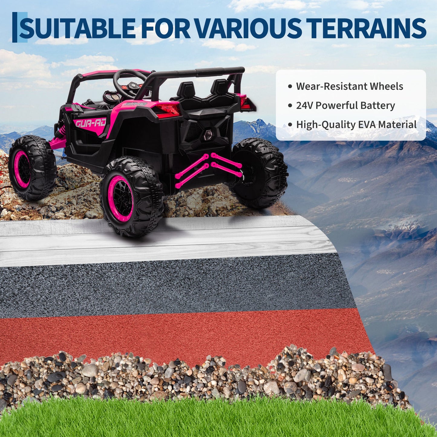 Garvee Ride - P Series: 24V Ride-On UTV: Remote Control, 200W Motor, Spring Suspension, Music, LED Lights, for Boys & Girls - Rose