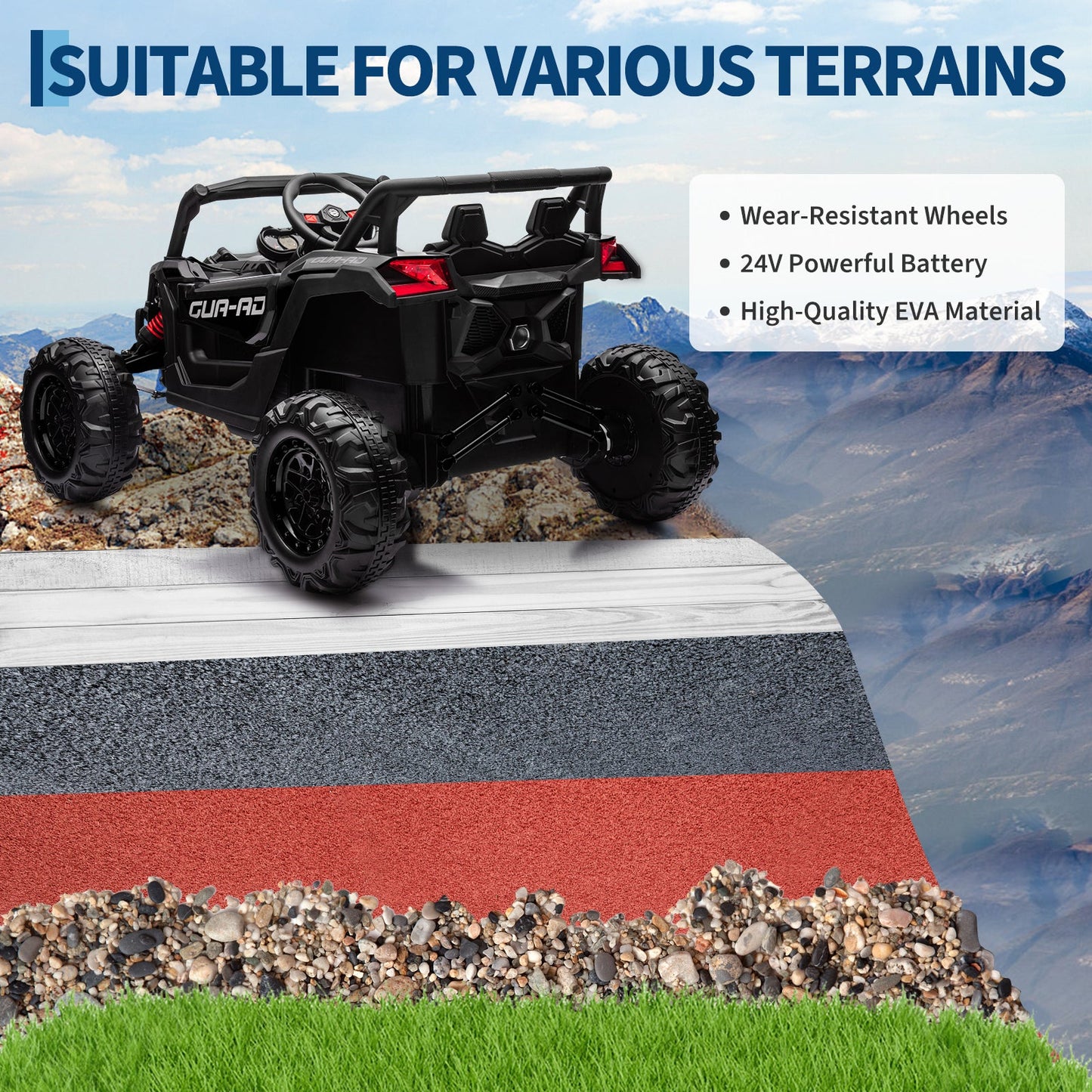 Garvee Ride - P Series: 24V Ride-On UTV: Remote Control, 200W Motor, Spring Suspension, Music, LED Lights, for Boys & Girls - Black
