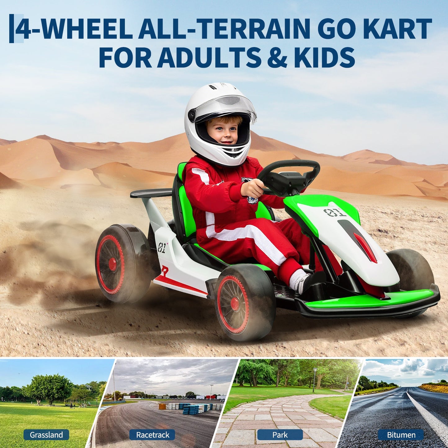 Garvee Ride - G Series: 6+,24V Drift Kart with 2X200W Strong Motor, 7AH Big Battery, Electric Pedals, Electric Go Kart Outdoor Race Toy - Green & White