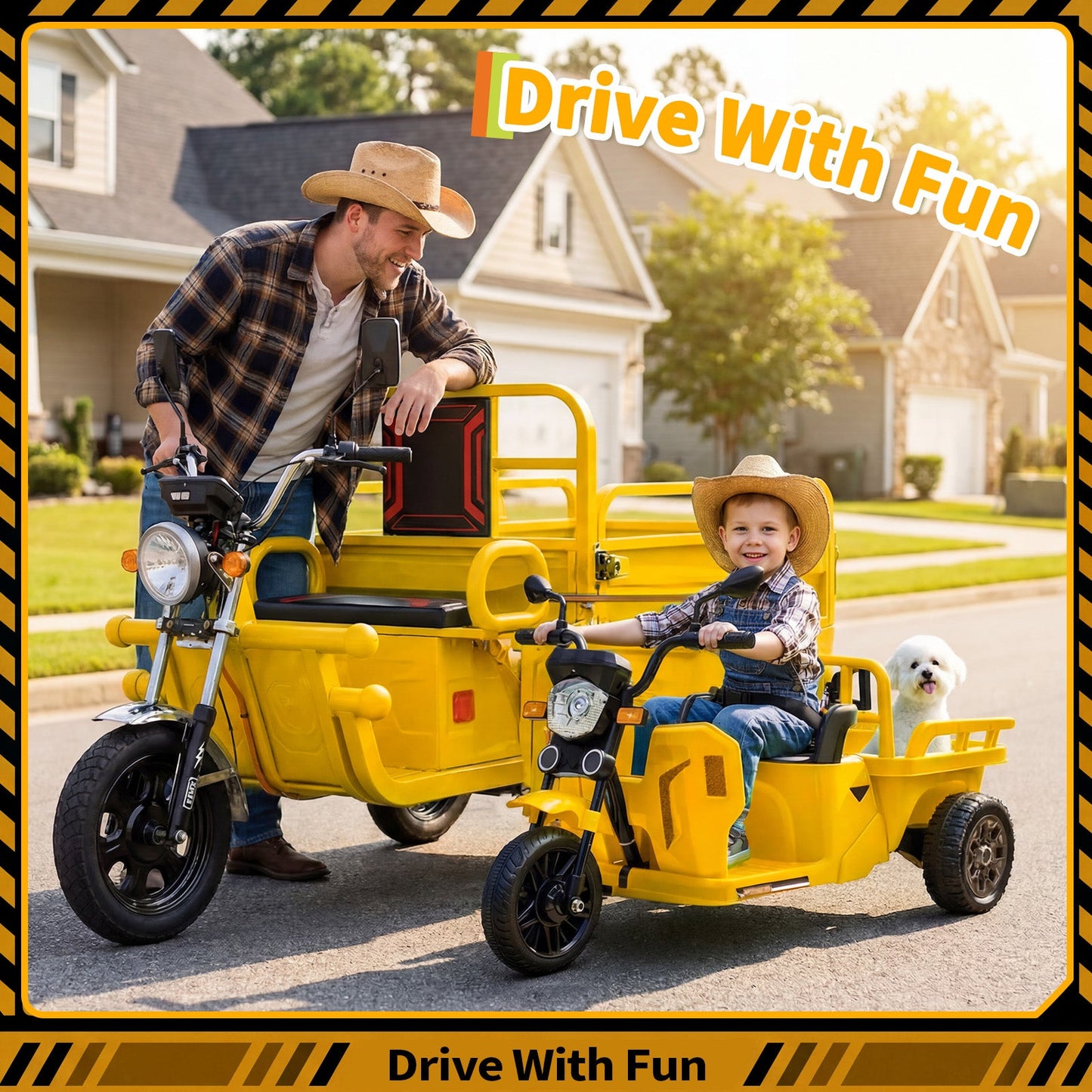 Garvee Ride P Series 3-Wheels Electric Tricycle w/Trailer, 12V Battery Powered Kids Motorcycle with Sand Shovel, 2x55W Motors, Bluetooth, Music, Headlight, Ride on Motorcycle for Kids Toddlers, Gift for Boys Girls, Yellow