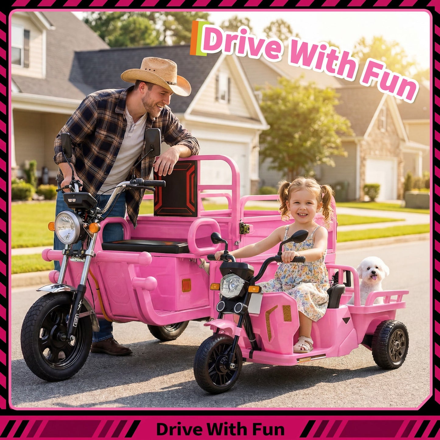 Garvee Ride P Series 3-Wheels Electric Tricycle w/Trailer, 12V Battery Powered Kids Motorcycle with Sand Shovel, 2x55W Motors, Bluetooth, Music, Headlight, Ride on Motorcycle for Kids Toddlers, Gift for Boys Girls, Pink