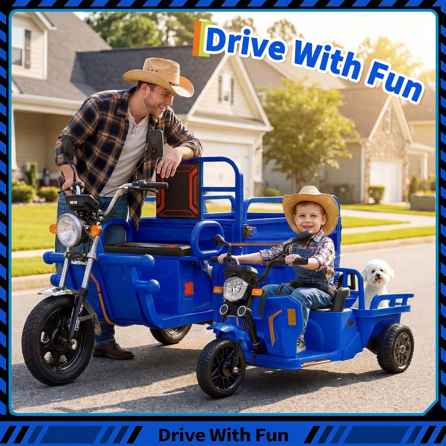 Garvee Ride P Series 3-Wheels Electric Tricycle w/Trailer, 12V Battery Powered Kids Motorcycle with Sand Shovel, 2x55W Motors, Bluetooth, Music, Headlight, Ride on Motorcycle for Kids Toddlers, Gift for Boys Girls, Dark Blue