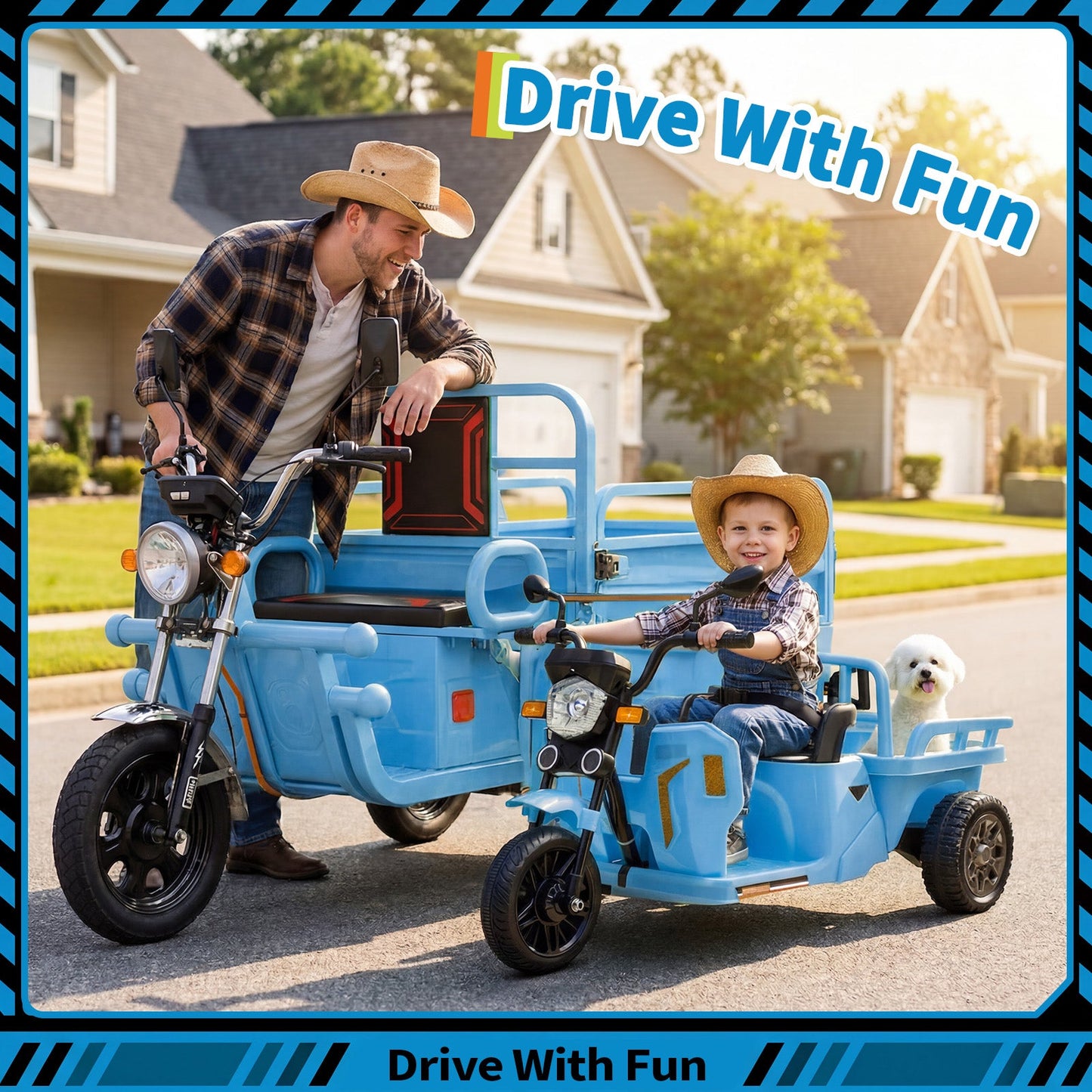 Garvee Ride P Series 3-Wheels Electric Tricycle w/Trailer, 12V Battery Powered Kids Motorcycle with Sand Shovel, 2x55W Motors, Bluetooth, Music, Headlight, Ride on Motorcycle for Kids Toddlers, Gift for Boys Girls, Light Blue
