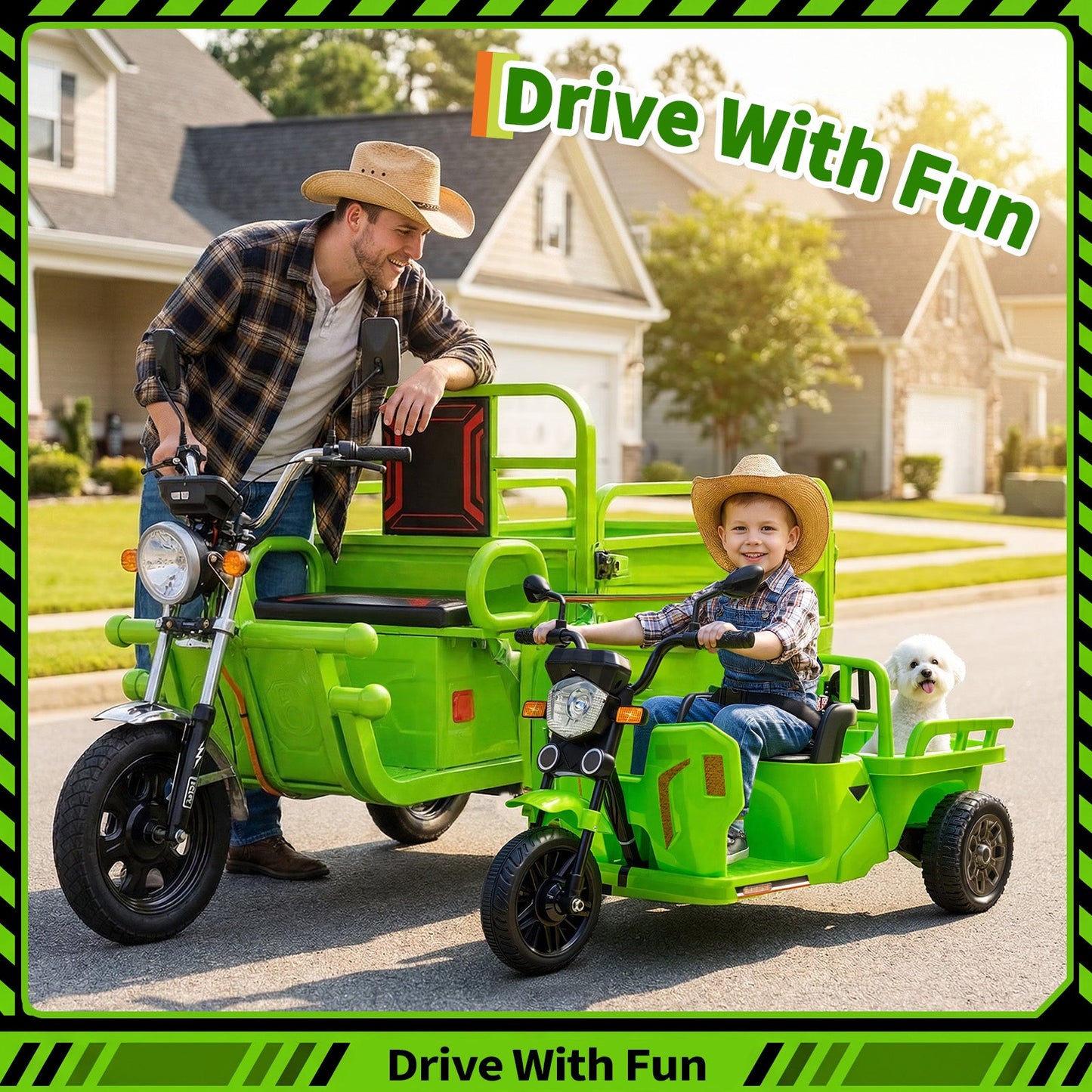 Garvee Ride P Series 3-Wheels Electric Tricycle w/Trailer, 12V Battery Powered Kids Motorcycle with Sand Shovel, 2x55W Motors, Bluetooth, Music, Headlight, Ride on Motorcycle for Kids Toddlers, Gift for Boys Girls, Green