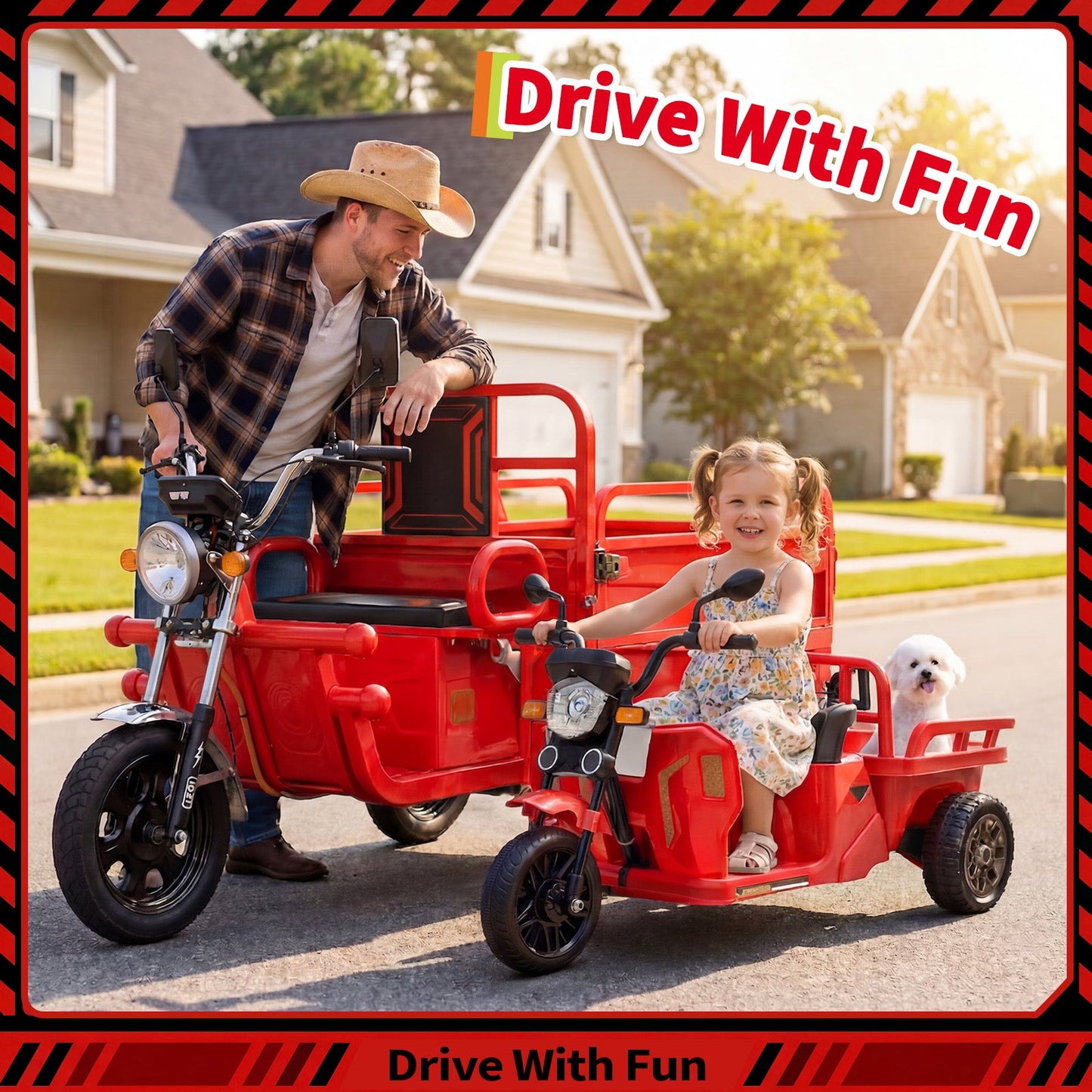Garvee Ride P Series 3-Wheels Electric Tricycle w/Trailer, 12V Battery Powered Kids Motorcycle with Sand Shovel, 2x55W Motors, Bluetooth, Music, Headlight, Ride on Motorcycle for Kids Toddlers, Gift for Boys Girls,  Red