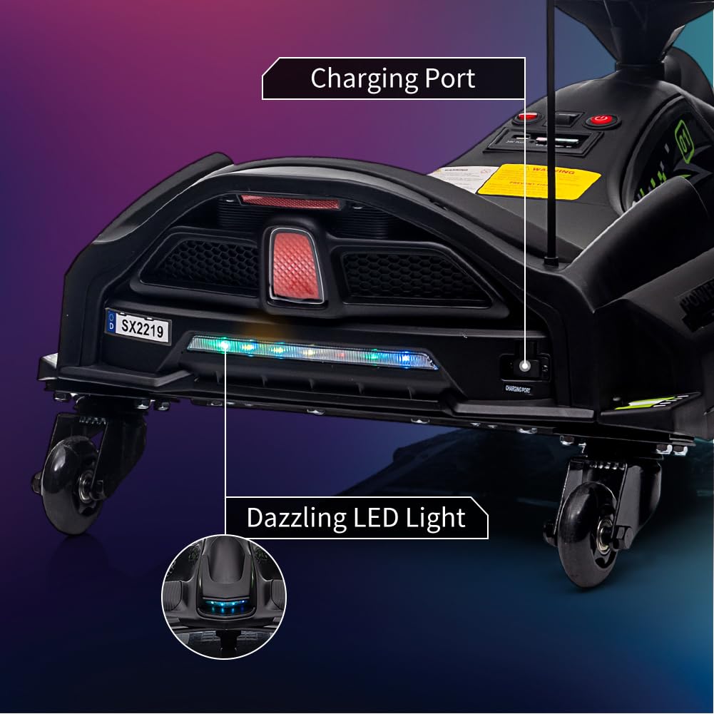 Garvee Ride - P Series: 12V Kids Drift Car: 45W Motor, 5 MPH, Music, LED, USB, Low-Power Alarm, 110lb Max - Black